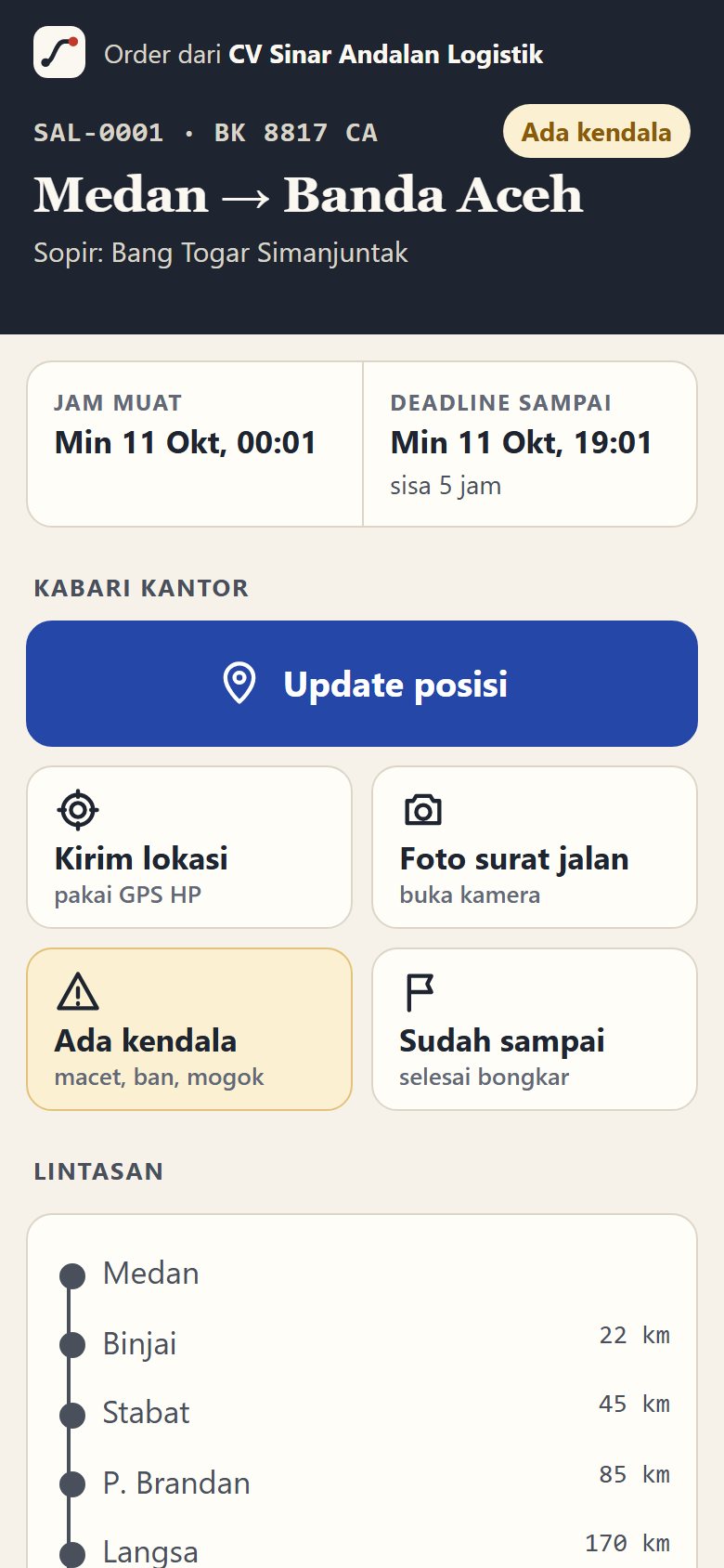 Halaman link sopir: tombol update posisi, kirim lokasi, foto surat jalan, ada kendala, sudah sampai